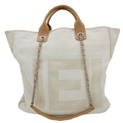 Chanel Deauville Large Logo printed Canvas Tote Bag Cream