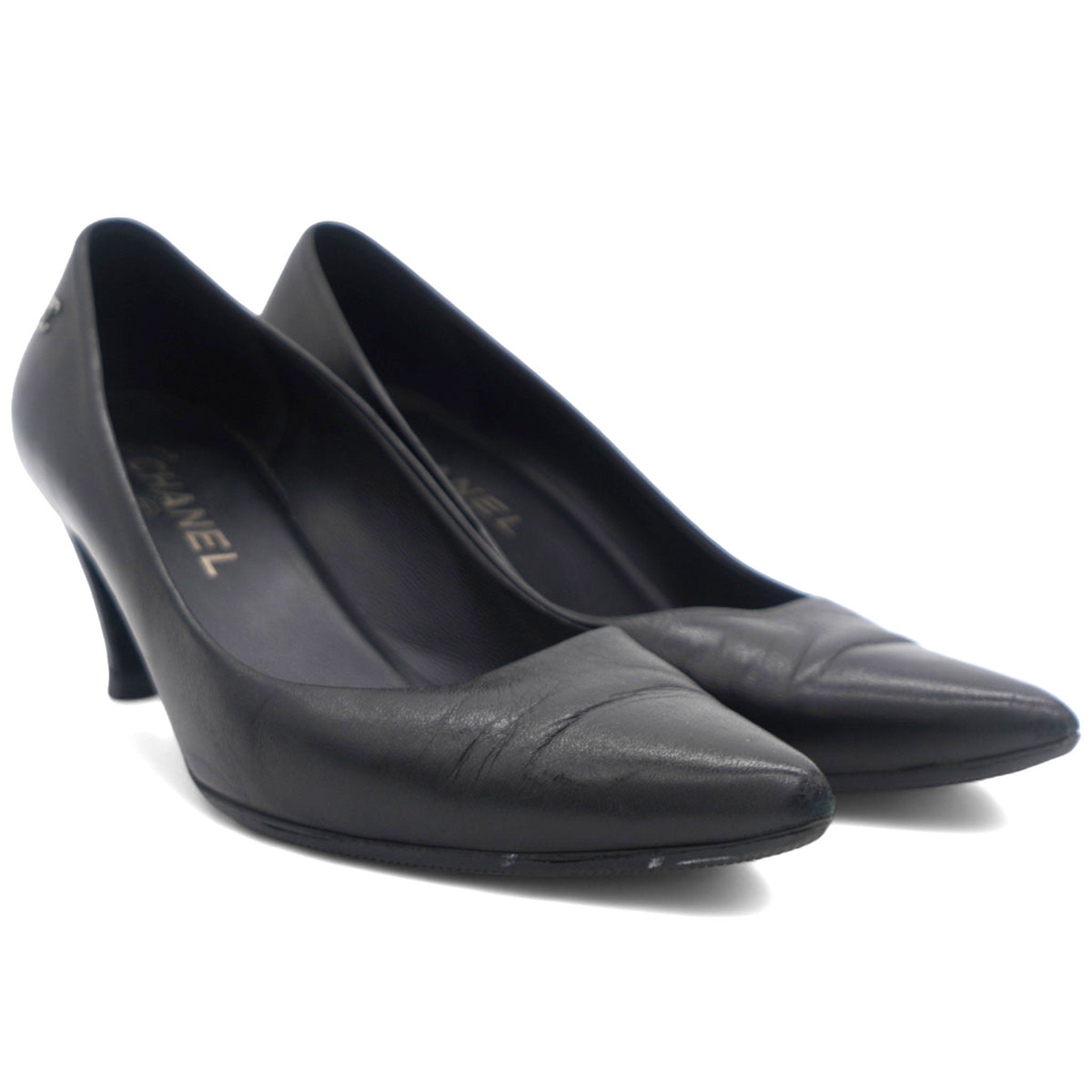 Black Leather Pointed Toe Pumps Size 37