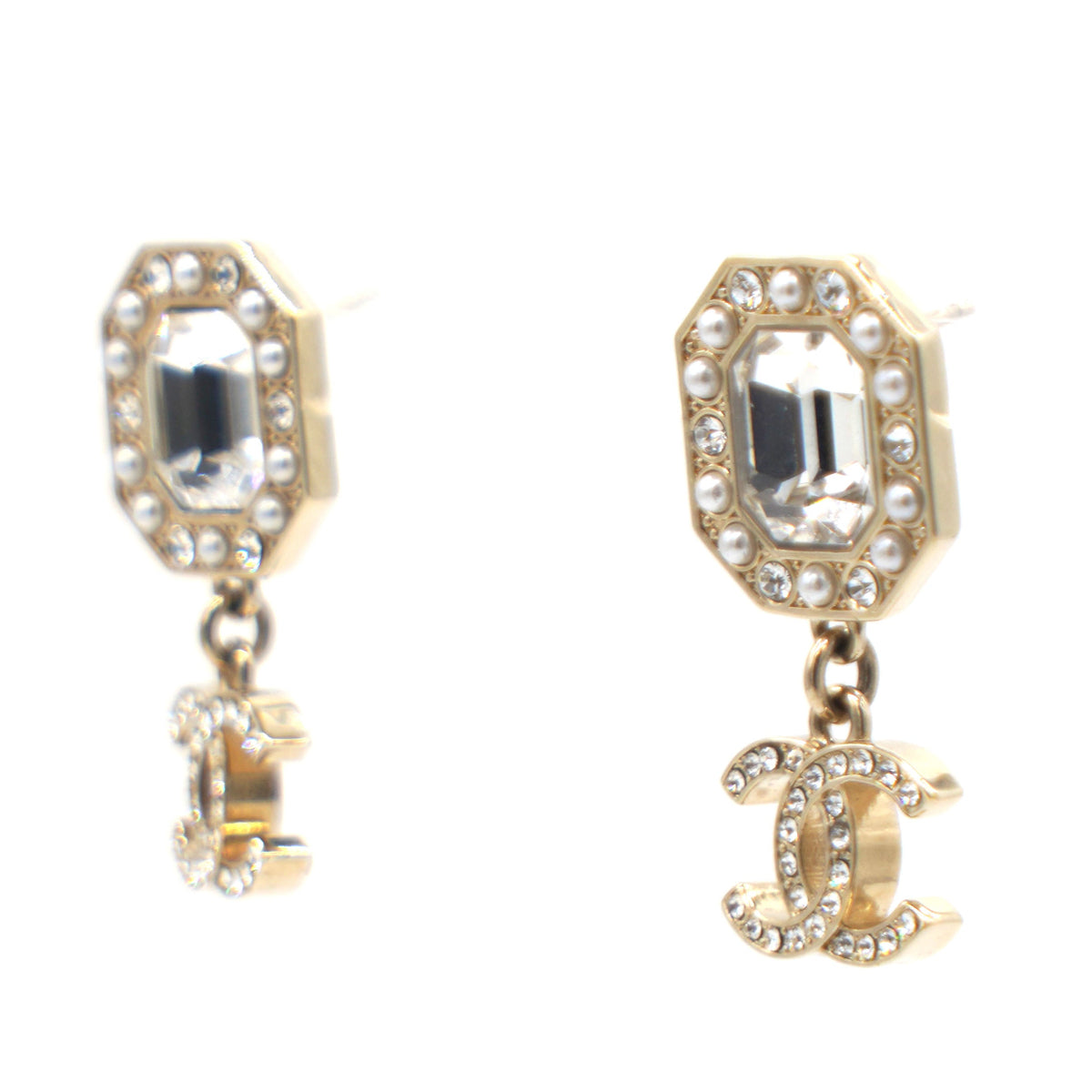 Gold Pearl White Crystal CC Logo Classic Stud Earrings