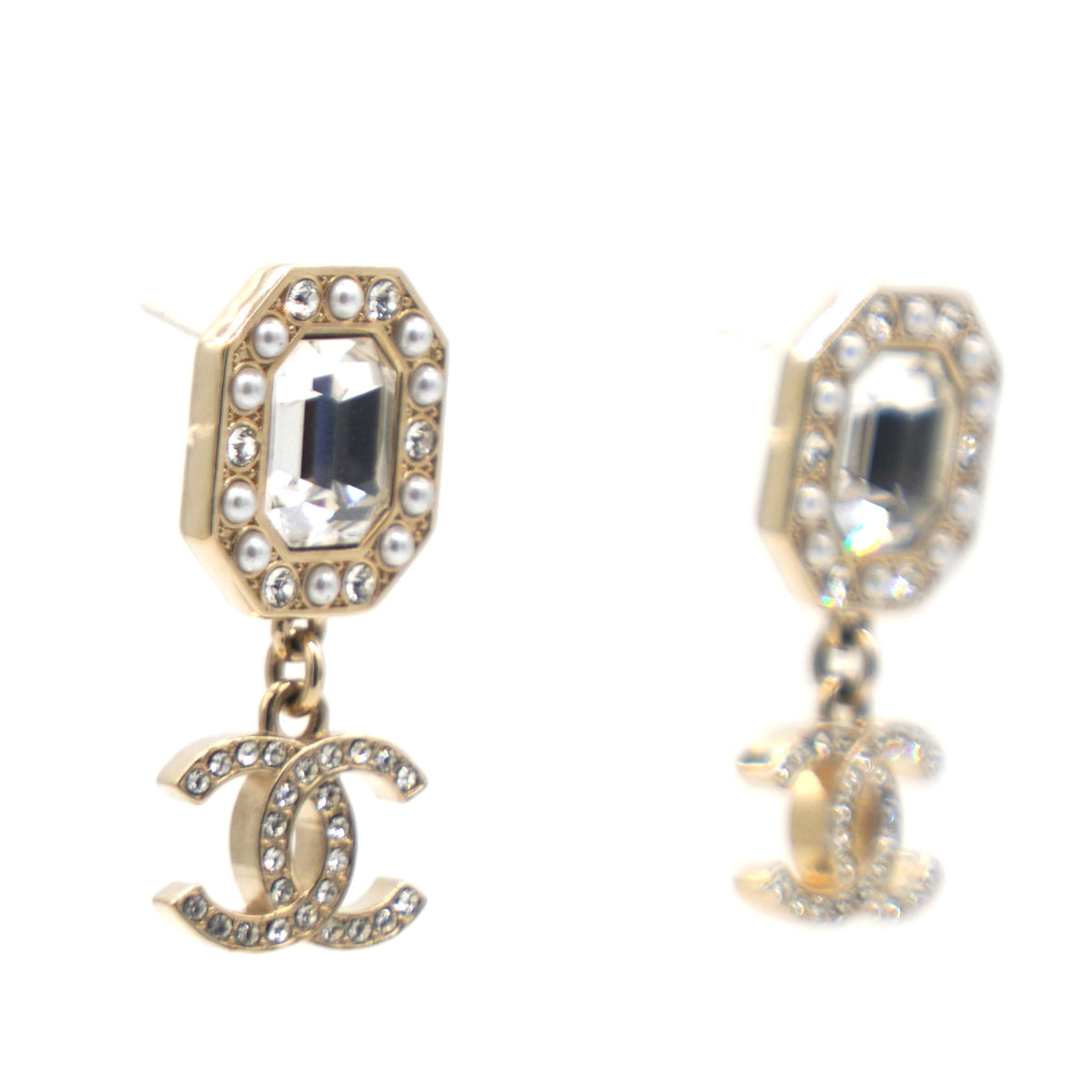 Gold Pearl White Crystal CC Logo Classic Stud Earrings