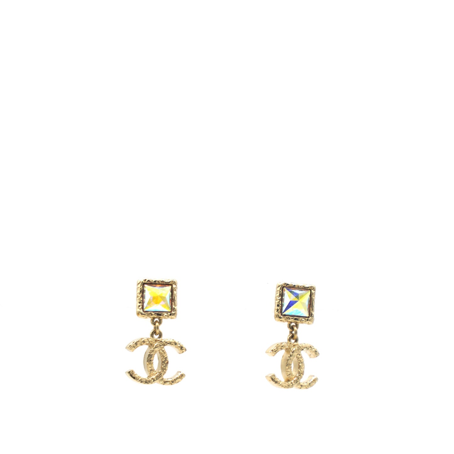 Iridescent Baguette Crystal CC Drop Earrings Gold