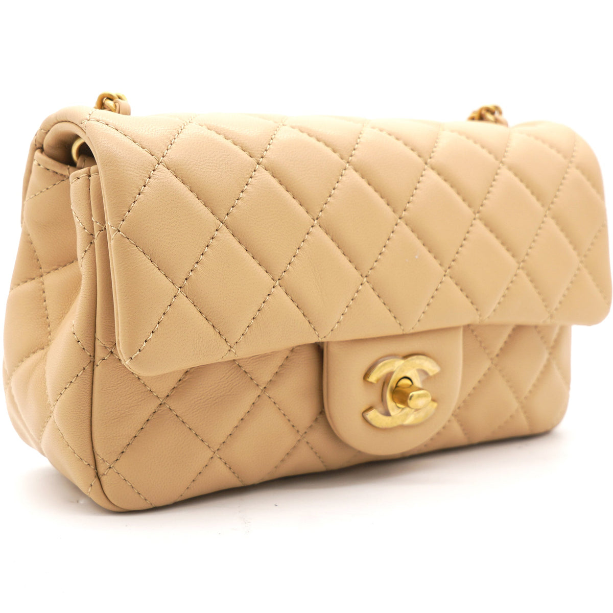 Lambskin Quilted Mini Pearl Crush Rectangular Flap Beige