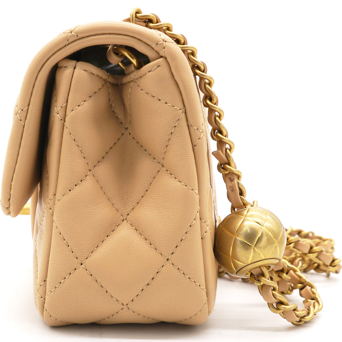 Lambskin Quilted Mini Pearl Crush Rectangular Flap Beige