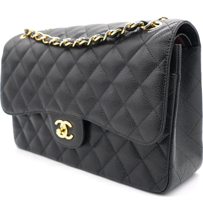 Black Quilted Caviar Jumbo Classic Double Flap Bag