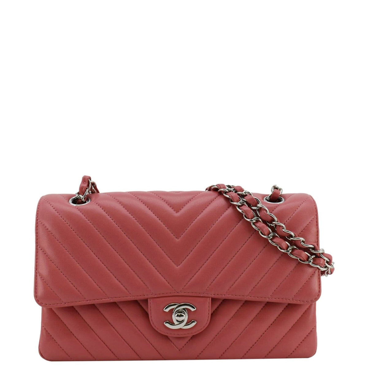 Chanel Classic Double Flap Medium Chevron Leather Shoulder Bag Peach