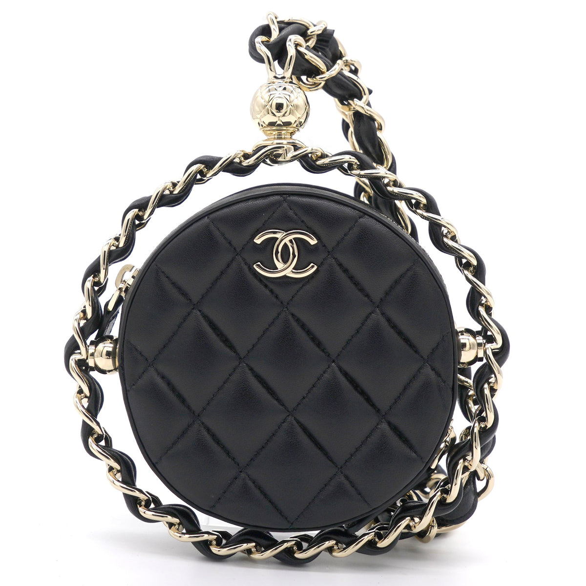 Lambskin Quilted Round Mini Chain Bag Black