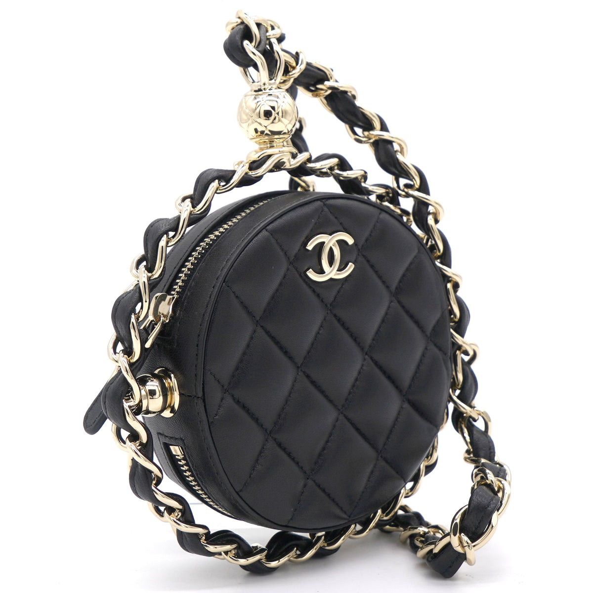 Lambskin Quilted Round Mini Chain Bag Black
