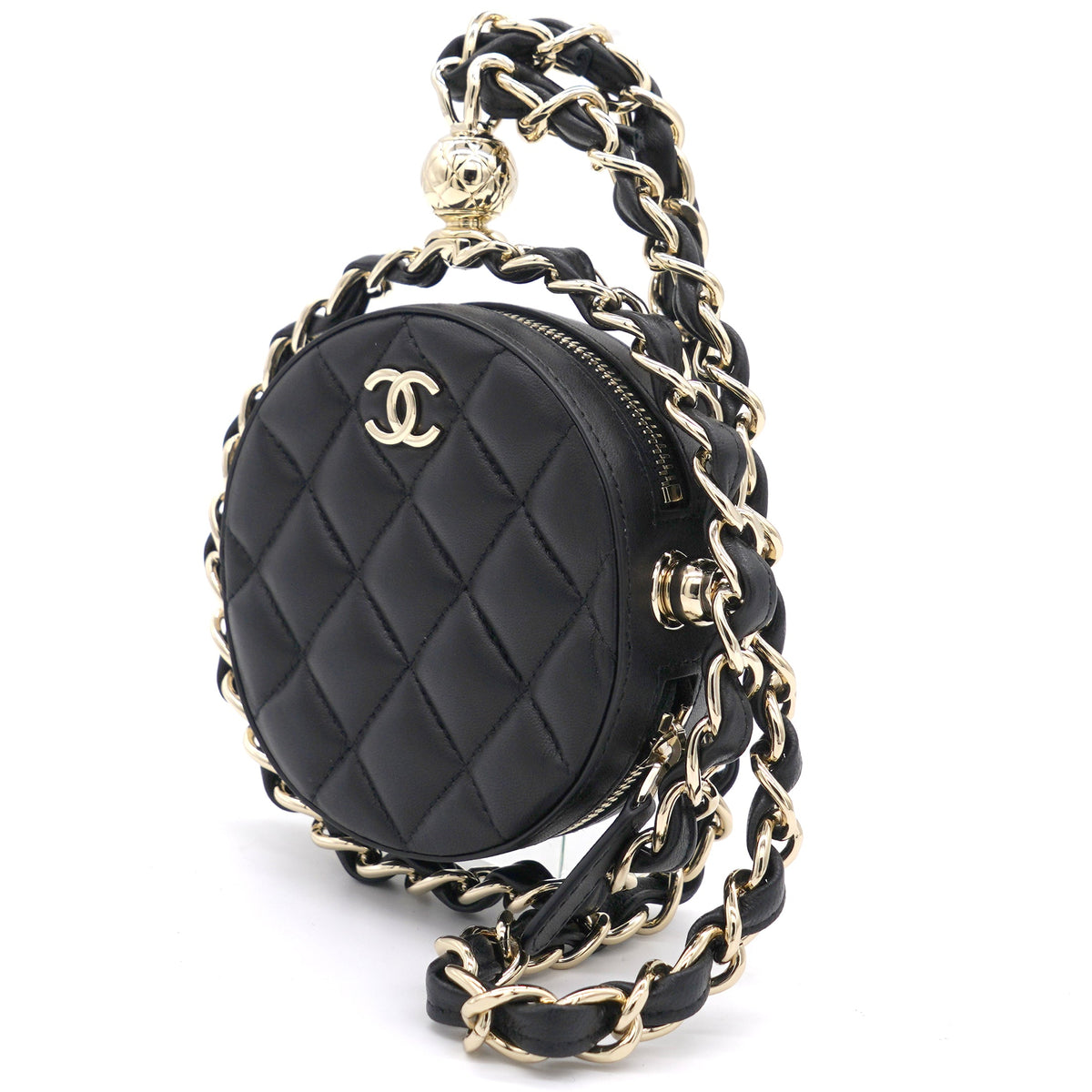 Lambskin Quilted Round Mini Chain Bag Black