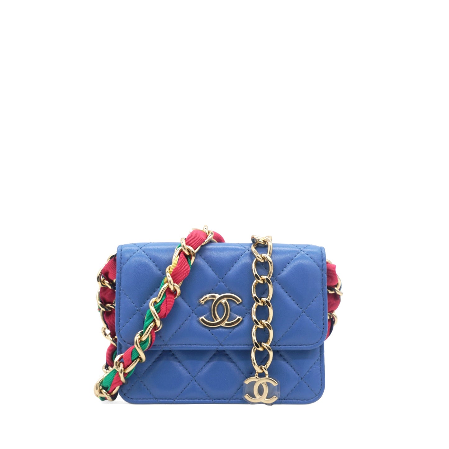 Lambskin Quilted Flap  Holder On Chain Blue