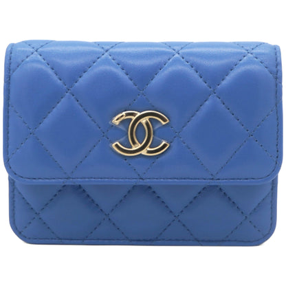 Lambskin Quilted Flap Card Holder On Chain Blue
