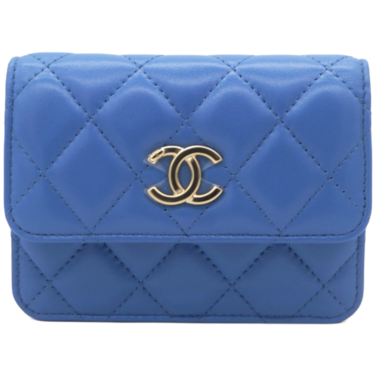 Lambskin Quilted Flap  Holder On Chain Blue
