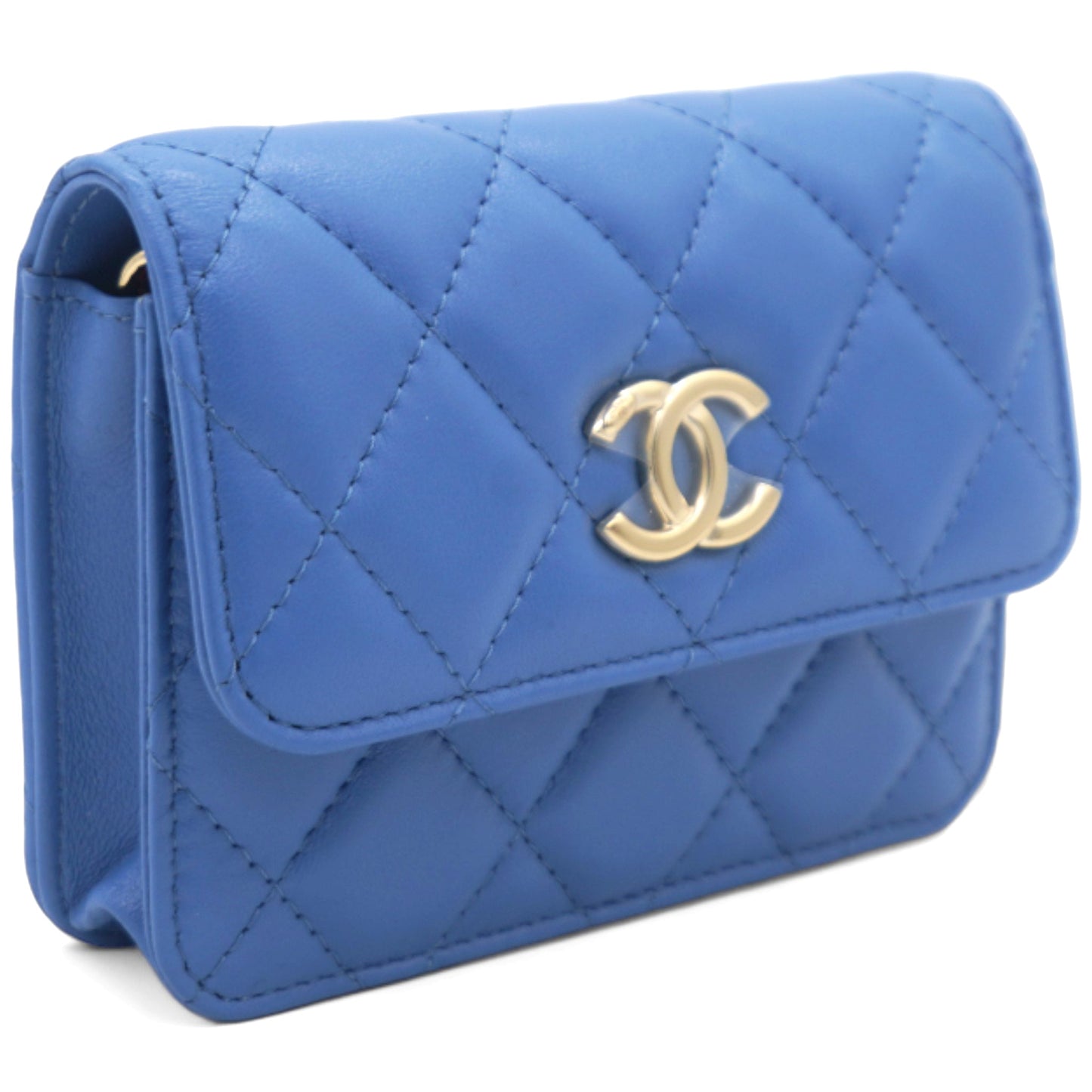 Lambskin Quilted Flap  Holder On Chain Blue