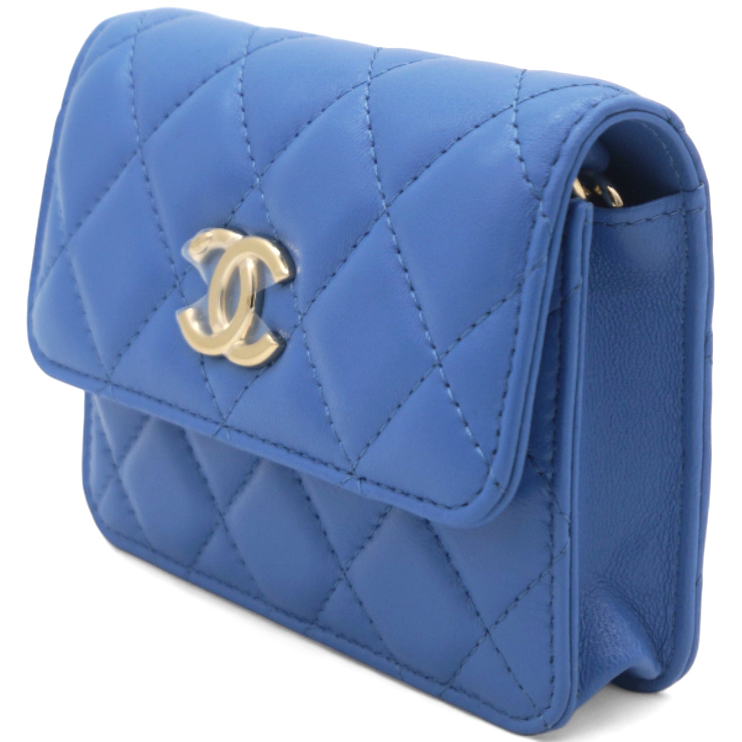 Lambskin Quilted Flap Card Holder On Chain Blue