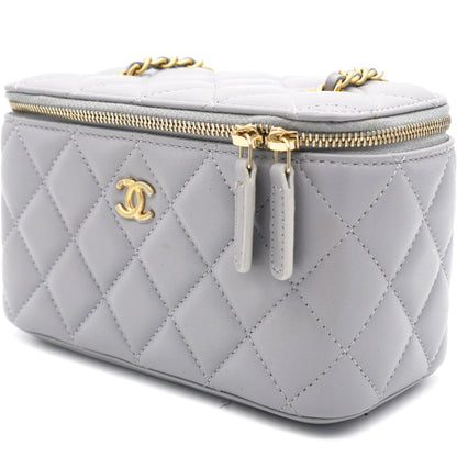 Lambskin Quilted Pearl Crush Small Vanity Case with Chain Grey