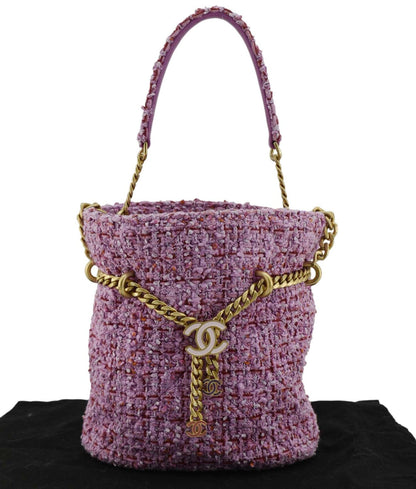 Chanel Pending CC Tweed Enamel Drawstring Tote Bucket Bag Pink