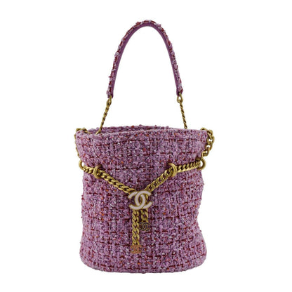 Chanel Pending CC Tweed Enamel Drawstring Tote Bucket Bag Pink