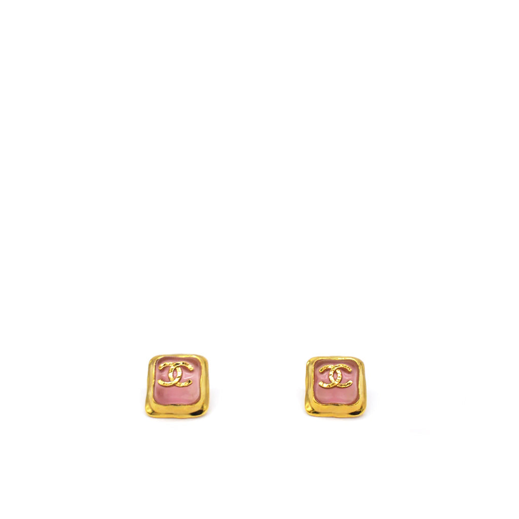 Pink Square Gold CC Logo Earrings