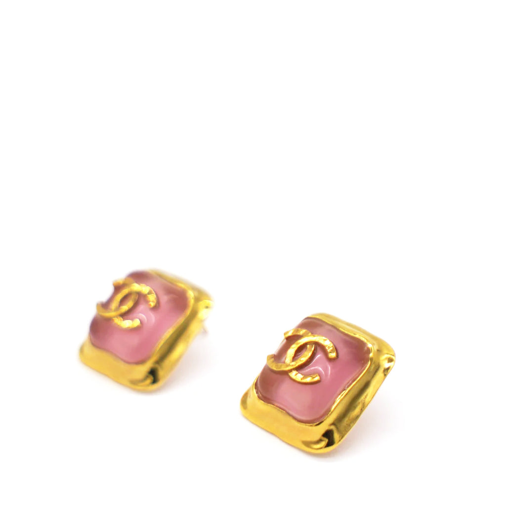 Pink Square Gold CC Logo Earrings