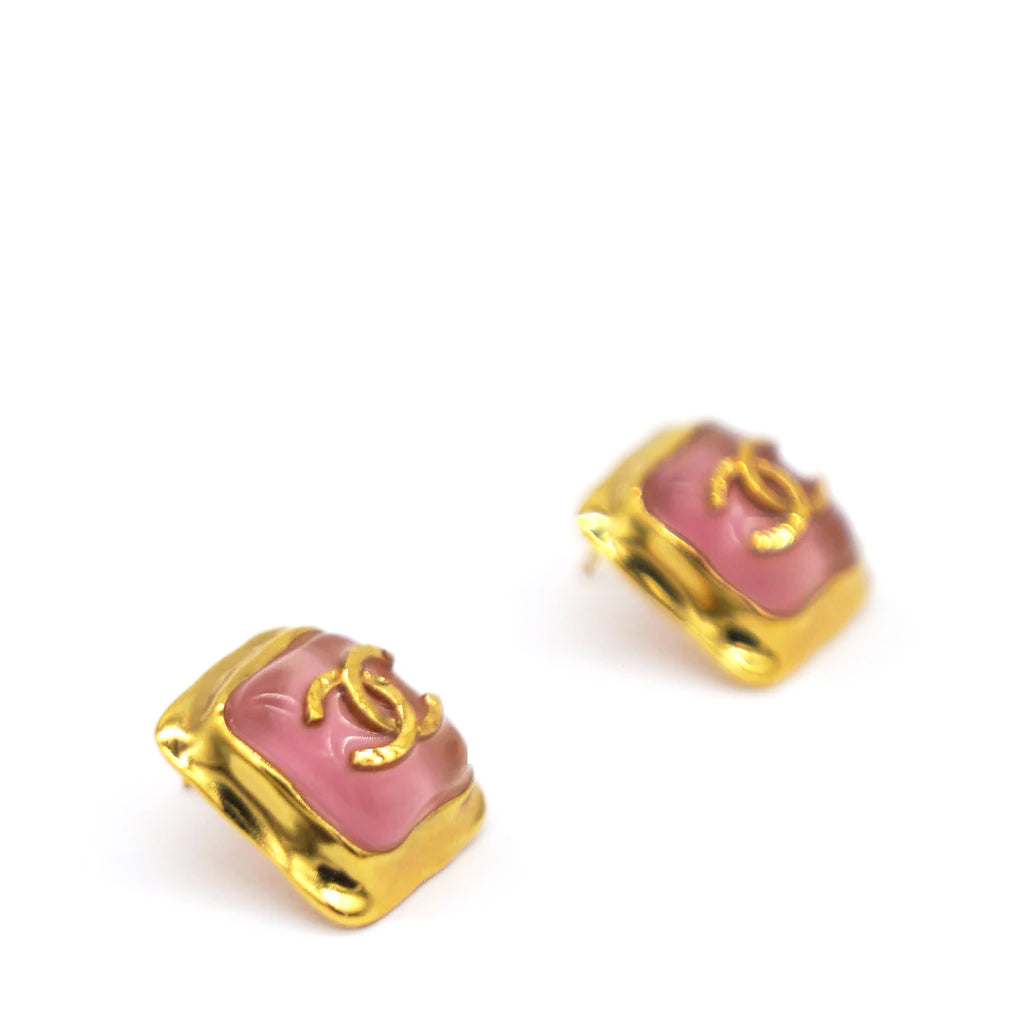 Pink Square Gold CC Logo Earrings