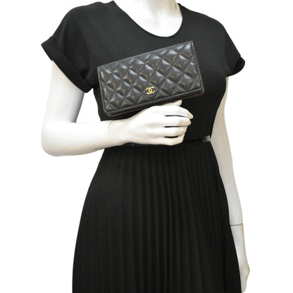 Chanel Bifold Quilted Caviar Leather Long Wallet Black