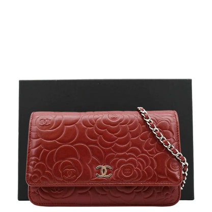 Chanel Camellia Wallet On Chain Leather Crossbody Bag Red