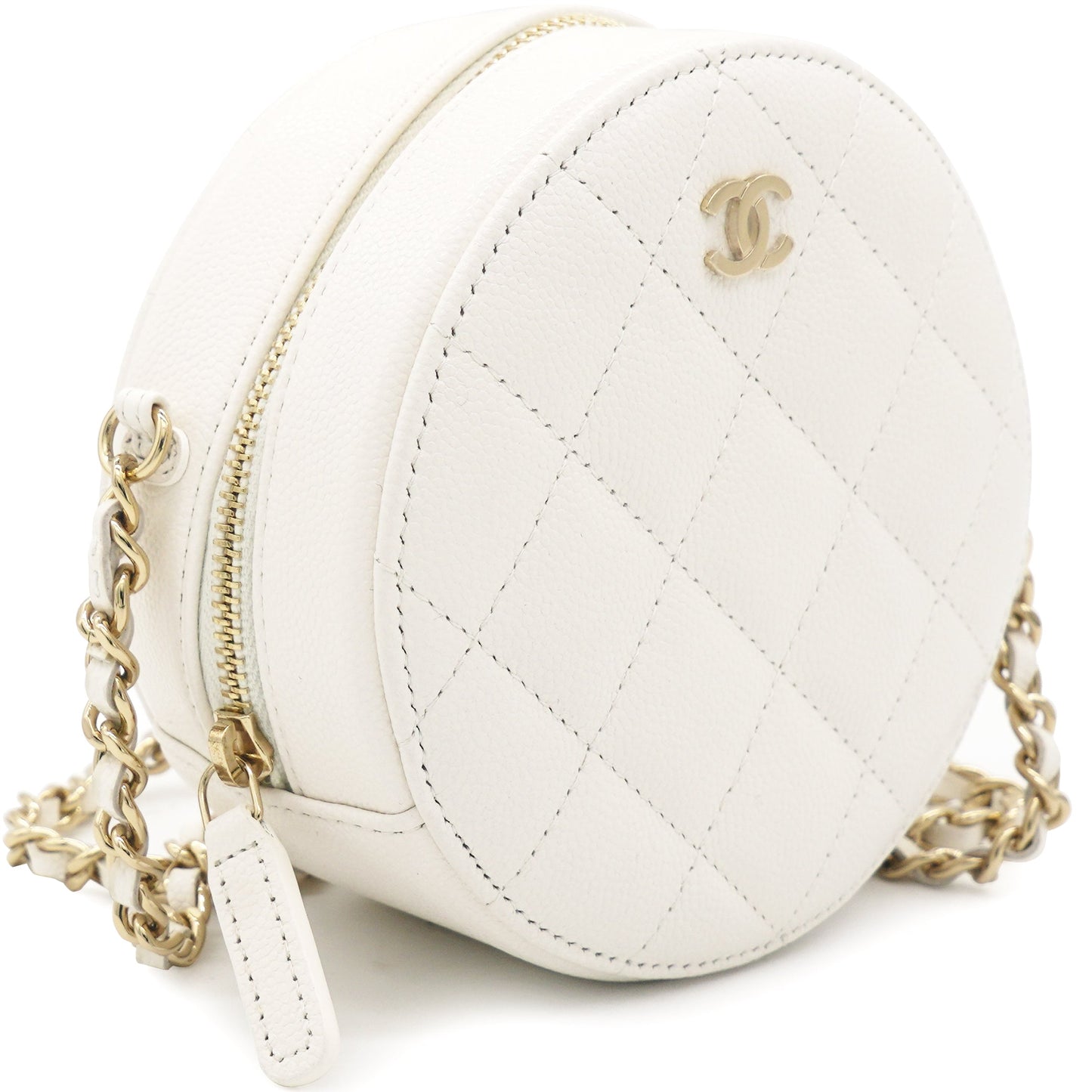 Caviar Quilted Round Clutch with Chain White