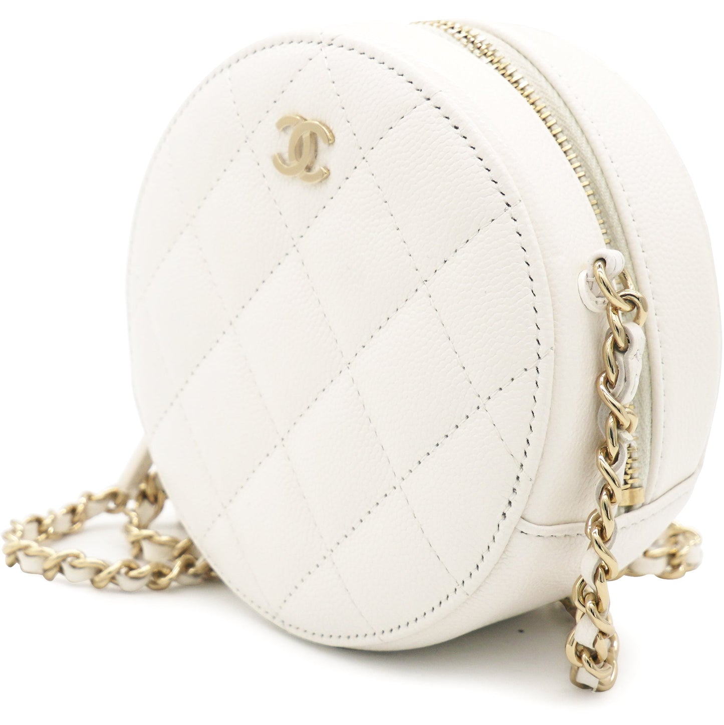 Caviar Quilted Round Clutch with Chain White