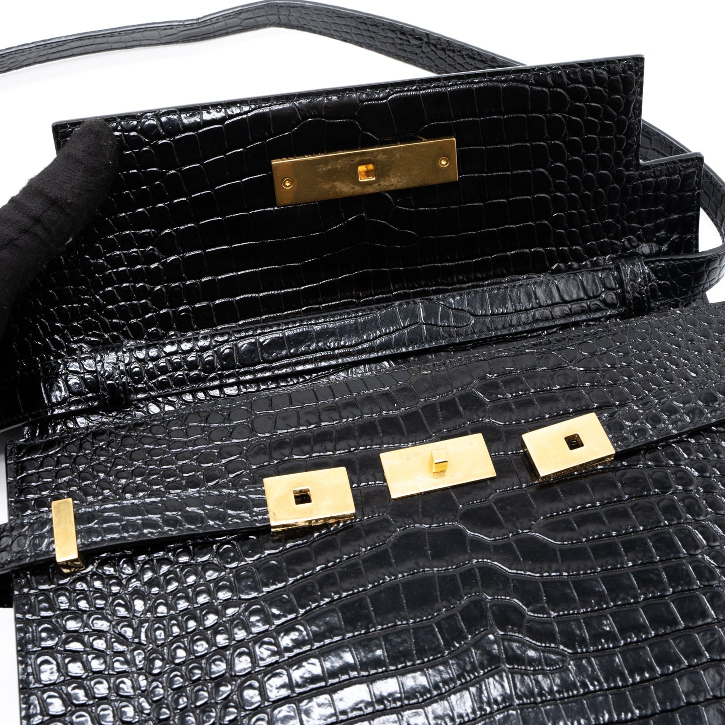Saint Laurent Manhattan Shoulder Bag Crocodile-Embossed Black GHW