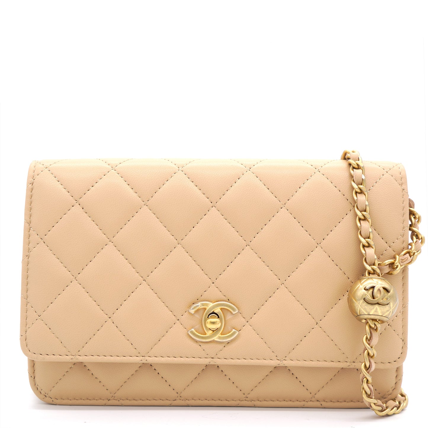 Lambskin Quilted CC Pearl Crush Wallet on Chain WOC Beige