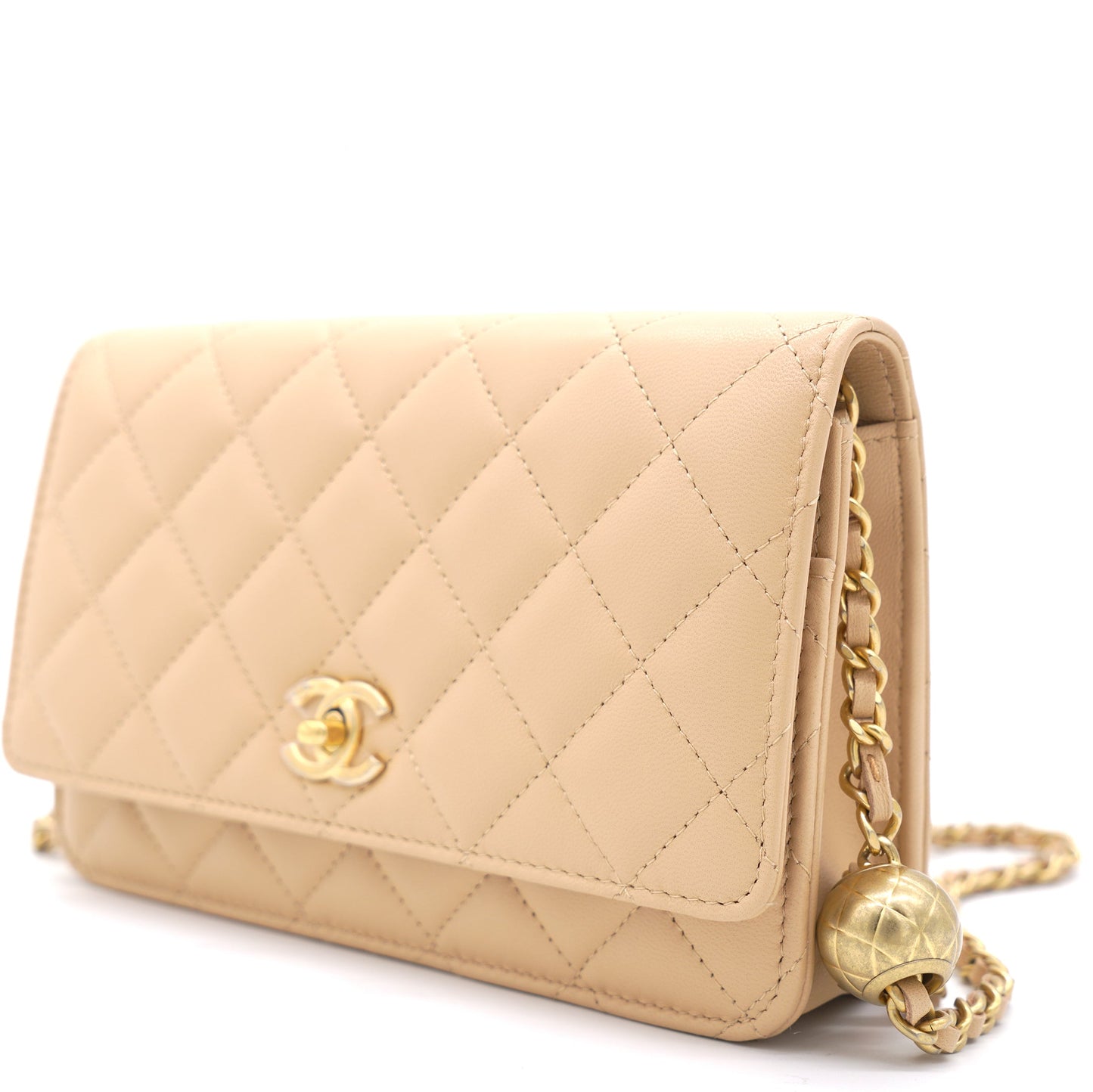 Lambskin Quilted CC Pearl Crush Wallet on Chain WOC Beige
