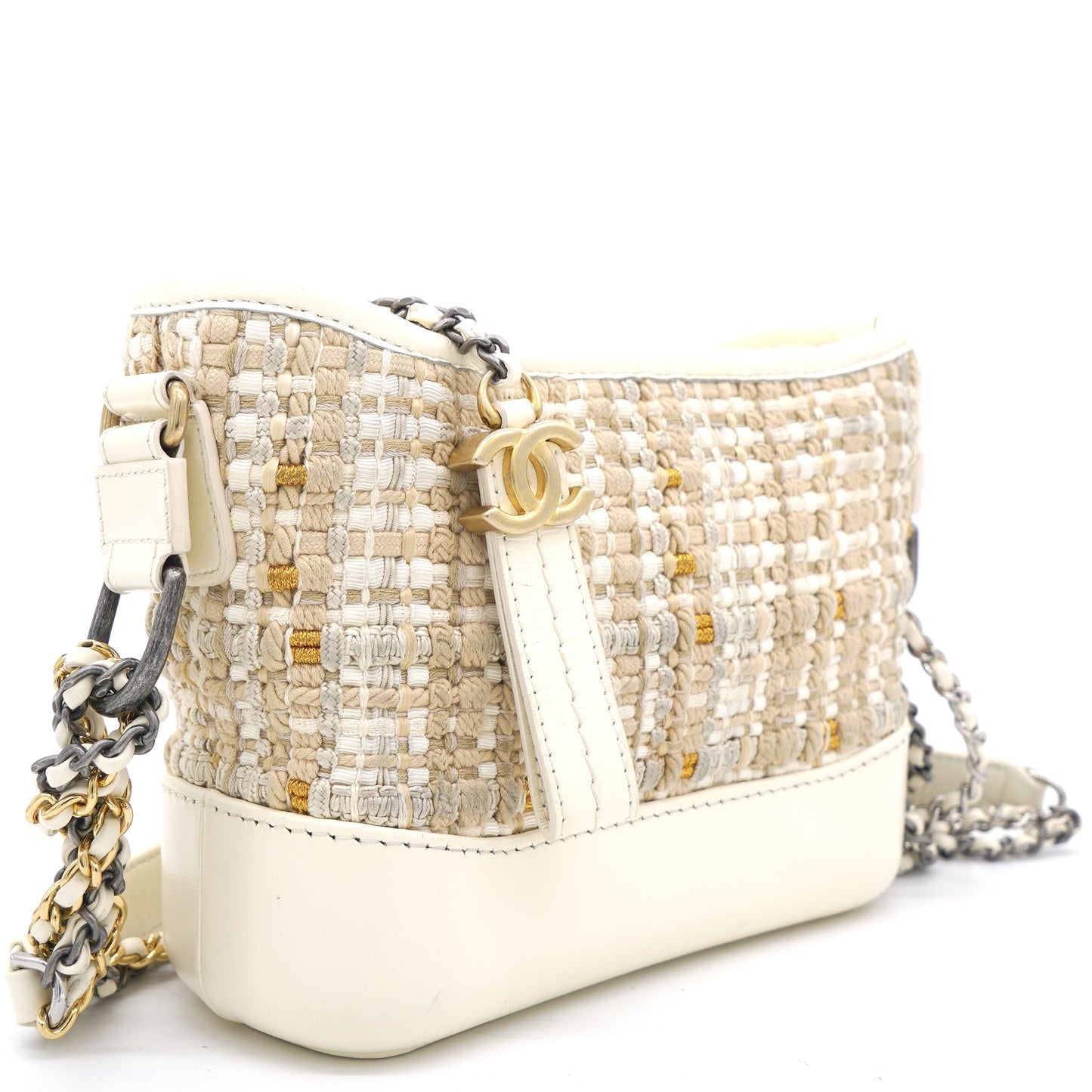 Cream/Beige Stripe Tweed Calfskin Mini Gabrielle Hobo