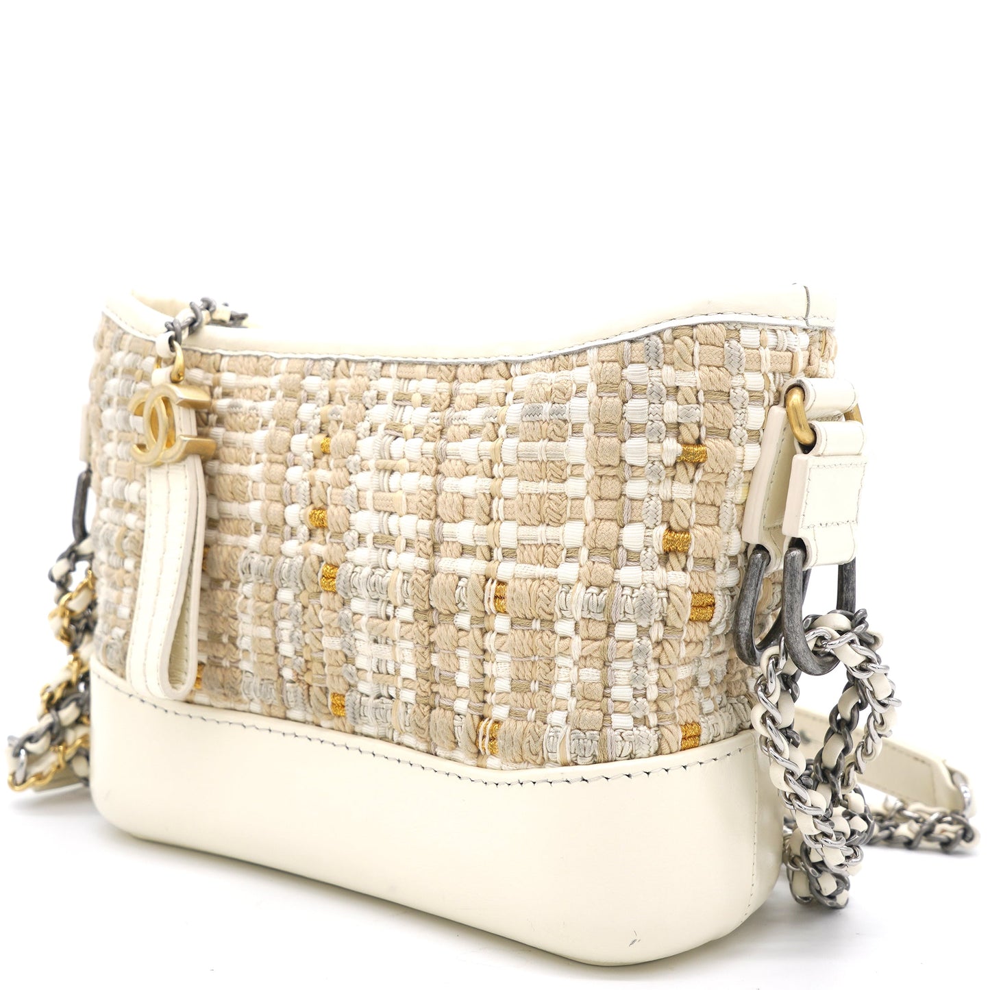 Cream/Beige Stripe Tweed Calfskin Mini Gabrielle Hobo
