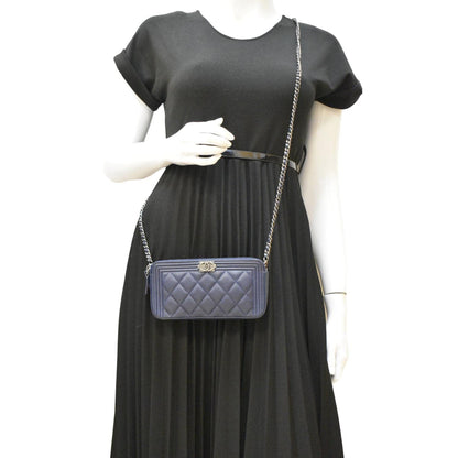 Chanel Boy Double Zip Wallet on Chain Leather Crossbody Bag Navy Blue