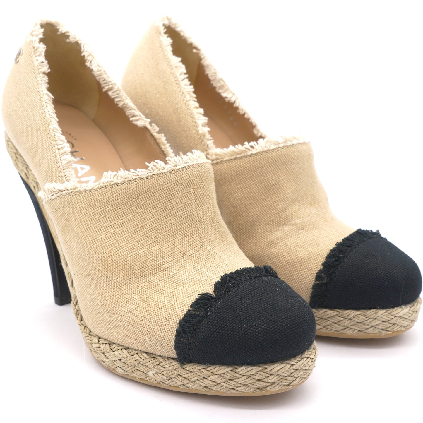 Beige/Black 2014 Frayed Canvas Espadrilles Pumps 36.5