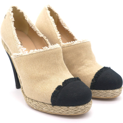 Beige/Black 2014 Frayed Canvas Espadrilles Pumps 36.5