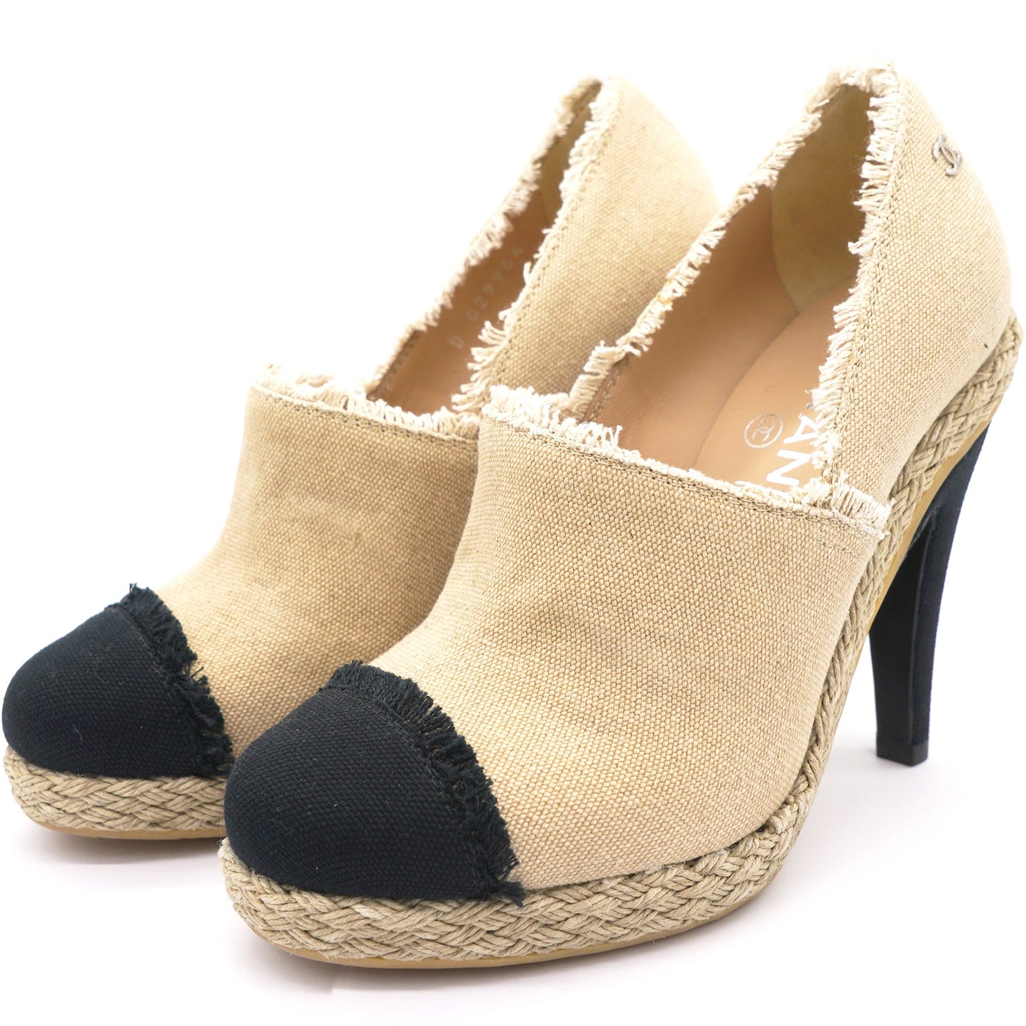 Beige/Black 2014 Frayed Canvas Espadrilles Pumps 36.5