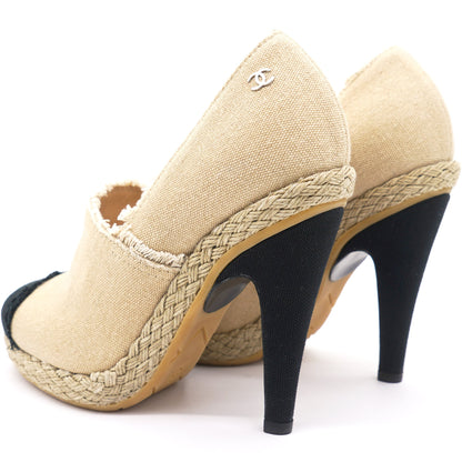 Beige/Black 2014 Frayed Canvas Espadrilles Pumps 36.5