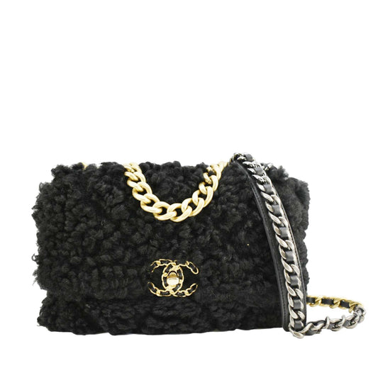 Chanel Shearling 19 Flap Medium Sheepskin Shoulder Bag Black