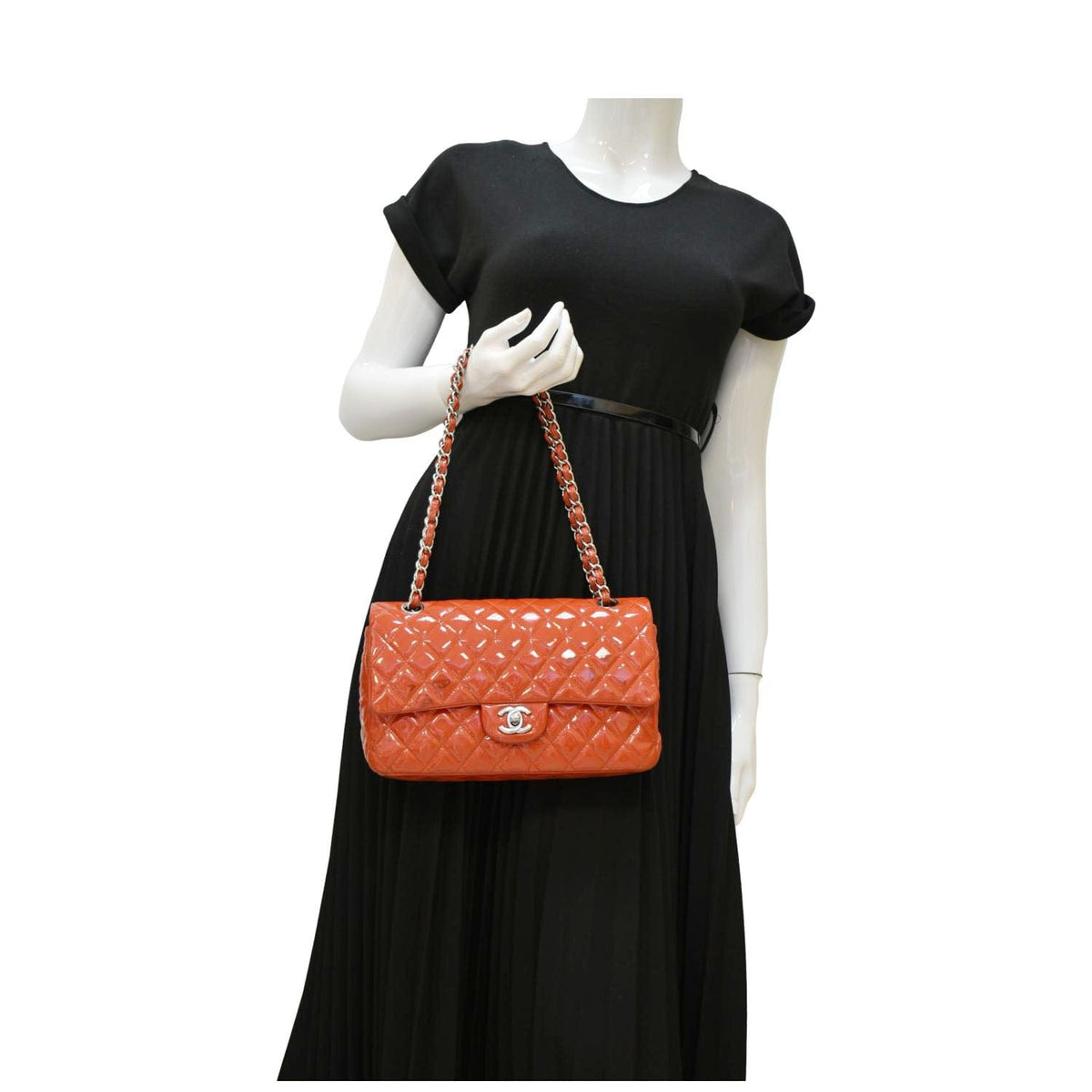 Chanel Classic Medium Double Flap Patent Leather Shoulder Bag Red