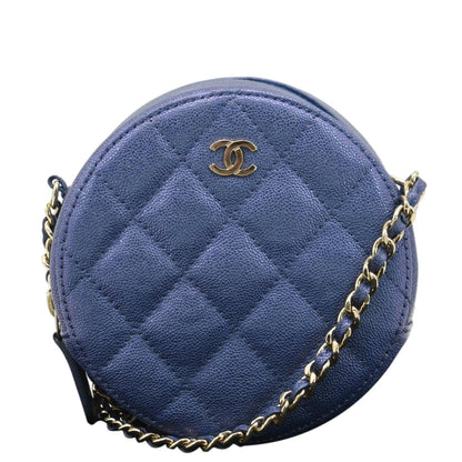 Chanel Round Clutch with Chain Mini Quilted Iridescent Caviar Leather Crossbody Bag Shiny Blue