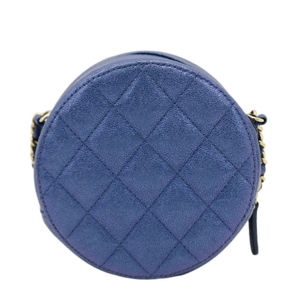 Chanel Round Clutch with Chain Mini Quilted Iridescent Caviar Leather Crossbody Bag Shiny Blue