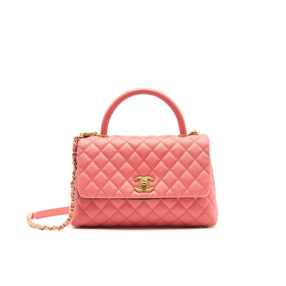 CHANEL SMALL COCO HANDLE FLAP BAG GRAINED CALFSKIN IN CORAL PINK GHW