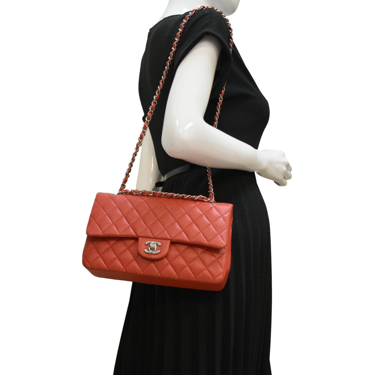 Chanel Classic Medium Double Flap Quilted Perforated Leather Shoulder Bag Red