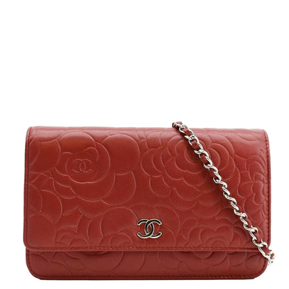 Chanel Camellia Wallet On Chain Leather Crossbody Bag Red