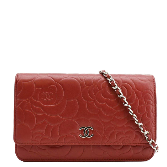 Chanel Camellia Wallet On Chain Leather Crossbody Bag Red