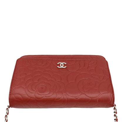 Chanel Camellia Wallet On Chain Leather Crossbody Bag Red