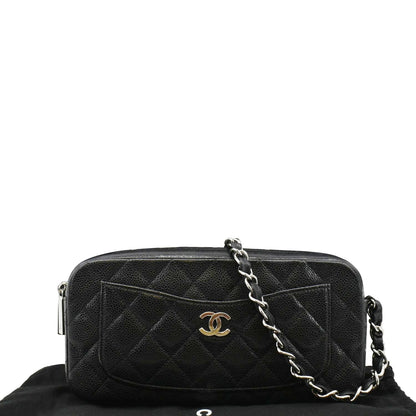 Chanel Front Pocket Quilted Caviar Leather Chain Shoulder Bag Black