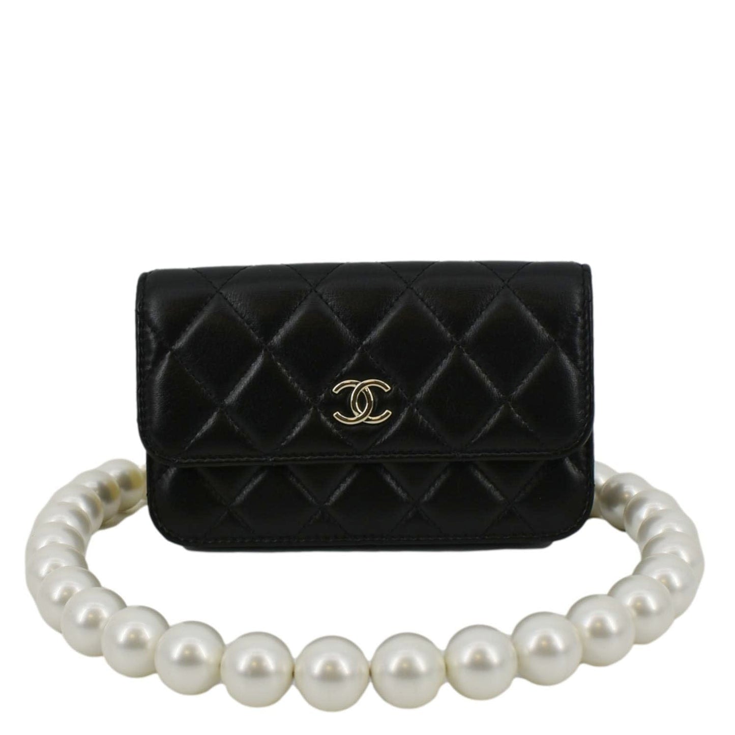 Chanel Pearl Strap CC Mini Quilted Leather Wallet on Chain Shoulder Bag Black