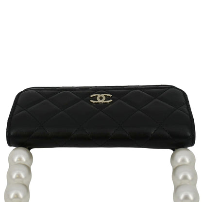 Chanel Pearl Strap CC Mini Quilted Leather Wallet on Chain Shoulder Bag Black