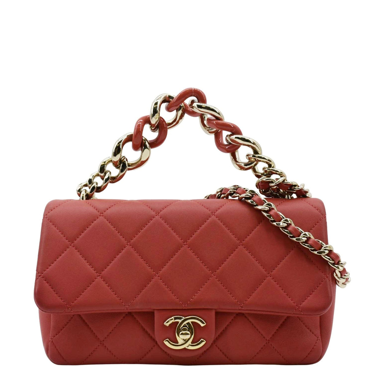 Chanel Resin Chain Flap Lambskin Quilted Leather Shoulder Bag Red